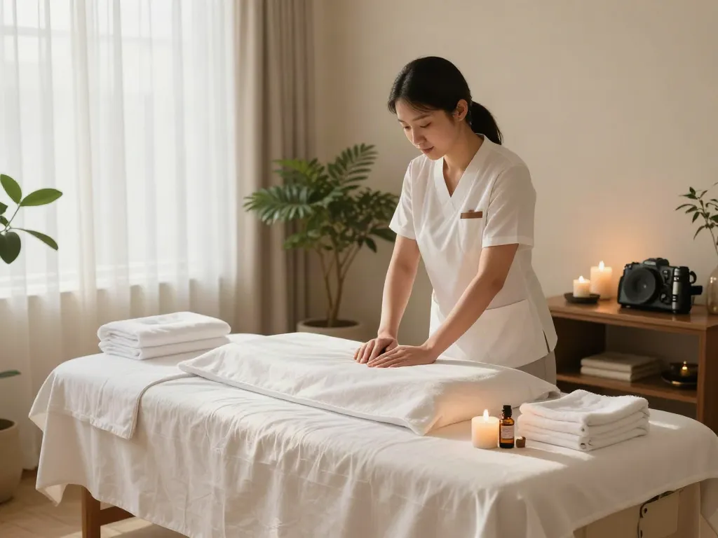 Relaxing home spa scene for 강남출장마사지 with massage setup and therapeutic oils.