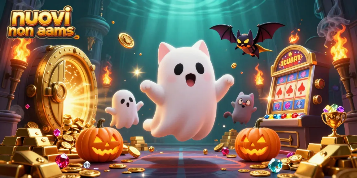 Illustrazione 3D di un gatto fantasma fluttuante nei nuovi casino non AAMS con elementi di gioco e tesori d'oro.