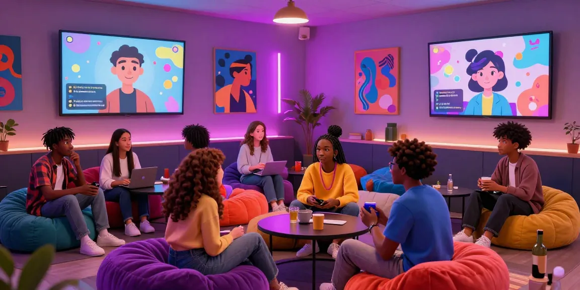Dynamic NSFW chat lounge with animated characters engaging in vibrant conversations