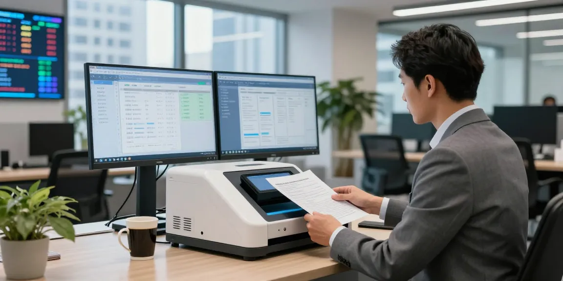 Person examining documents with advanced document fraud detection solution in a modern office setting.