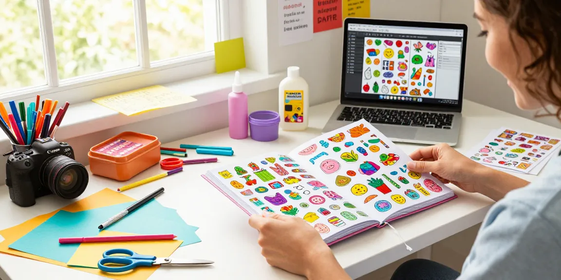 A person arranging a reusable sticker book in a colorful craft room, showcasing vibrant stickers and art supplies.