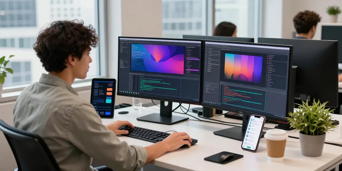 快连 software screen with vibrant debug code in a modern tech workspace.