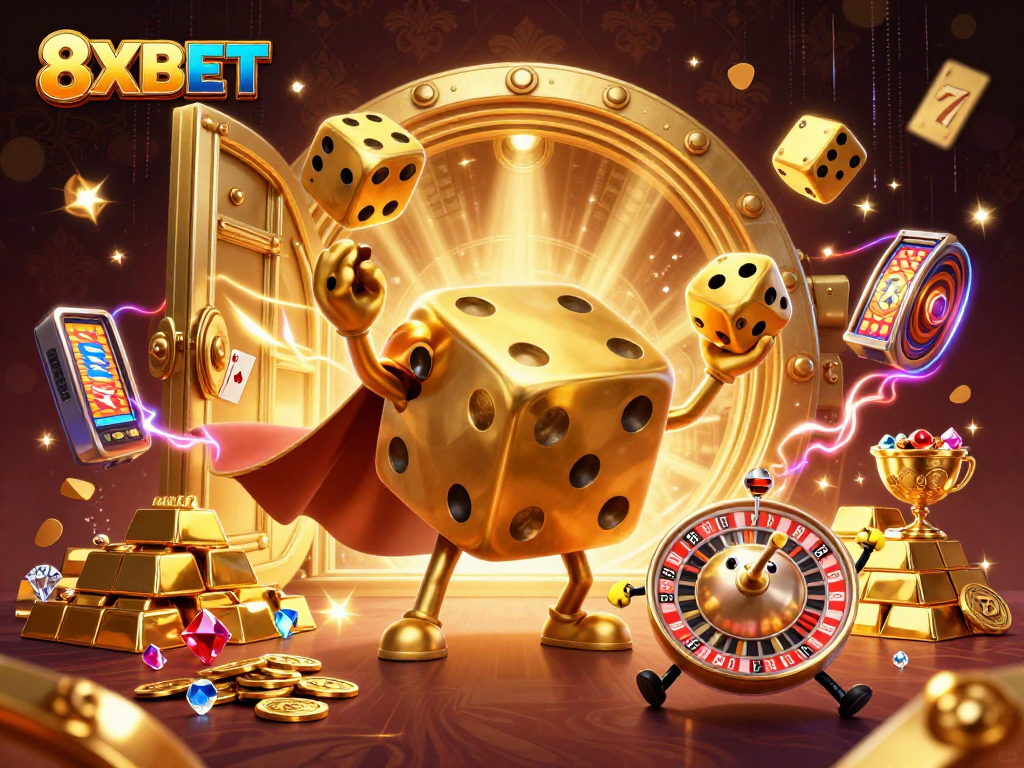 Join the excitement of 8XBET as a golden dice golem juggles wins in a vibrant casino world.