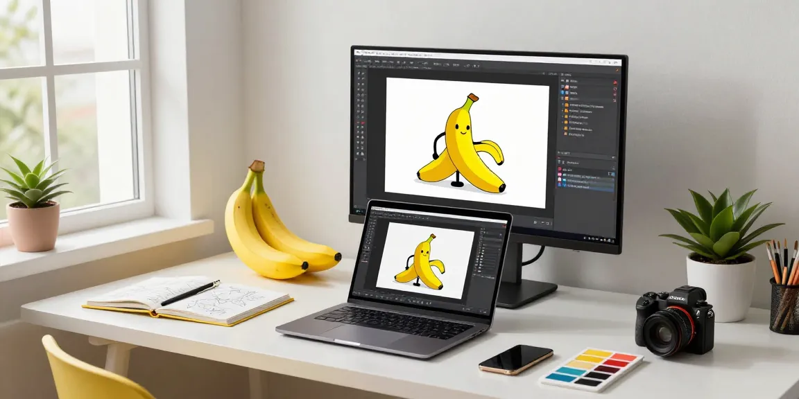 Designer using the Nano Banana AI image editor in a creative workspace with vibrant decor and advanced tech.