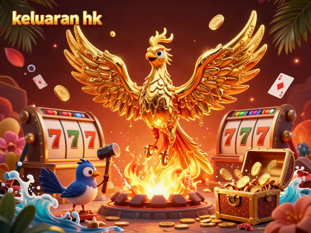 Melihat keluaran hk dengan phoenix emas dan elemen slot di latar belakang yang menarik.
