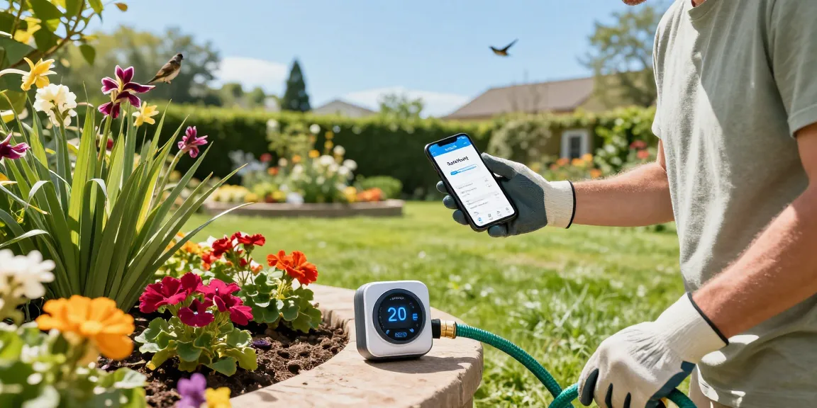 Homeowner using RainPoint WiFi water timer in a vibrant garden setting for easy plant care.