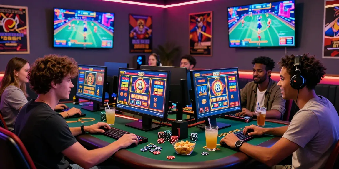 Moment engageant de jeux de casino en ligne avec des amis profitant de jeux virtuels et de collations.