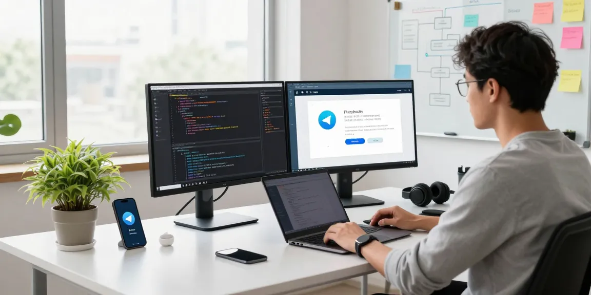 Developer working on telegramin-cn.com with monitors showing coding and Telegram interface in a modern workspace.