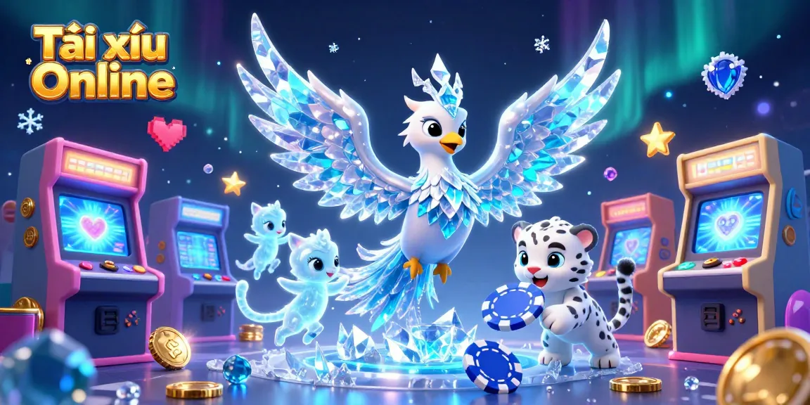 Tài xỉu Online enchanting illustration showcasing a magical scene with an ice phoenix, snow leopard, and vibrant arcade elements.