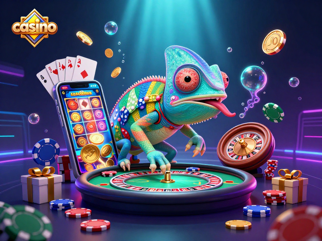 Engaging casino scene showing a vibrant chameleon mascot and gaming elements, ideal for online gaming.