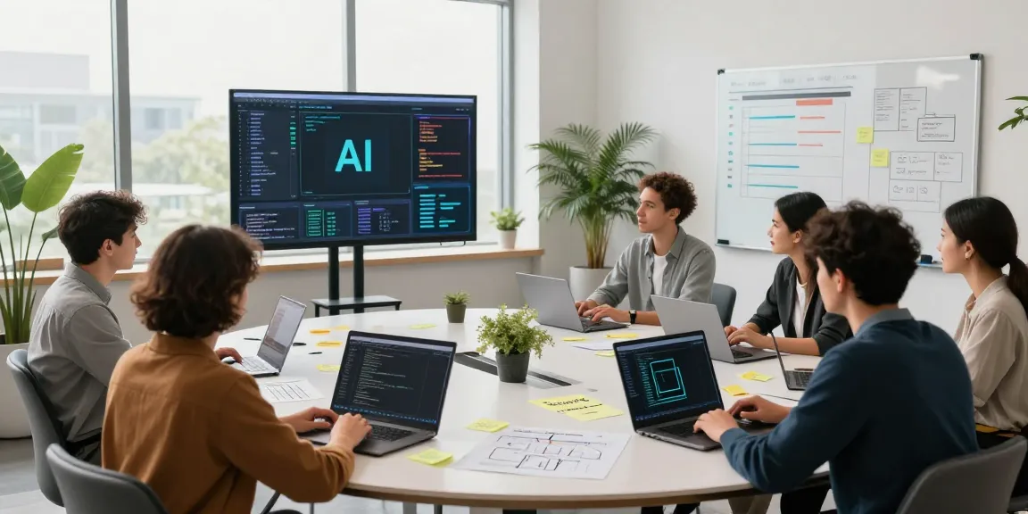 A collaborative tech workspace showcasing diverse developers coding generative AI models in a bright modern office.