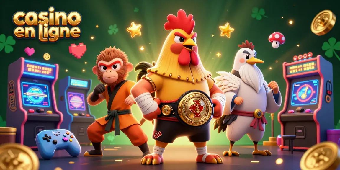 Jouez à casino en ligne avec une illustration dynamique de personnages de jeu en 3D.