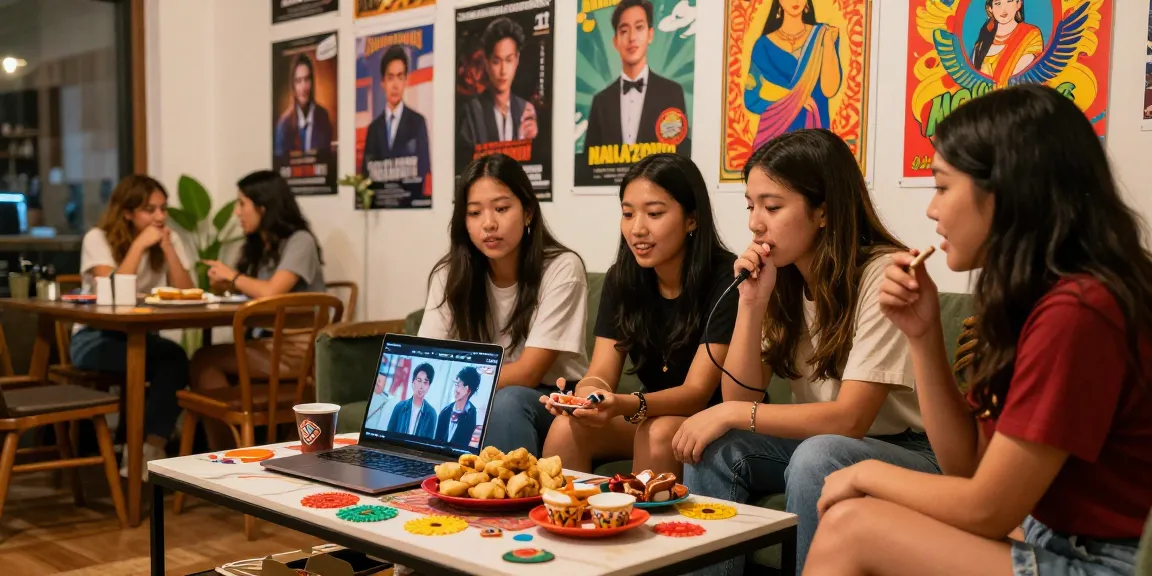 Cultural engagement at https://hanadultalk.com, friends enjoying Asian pop culture content with snacks and vibrant decor.