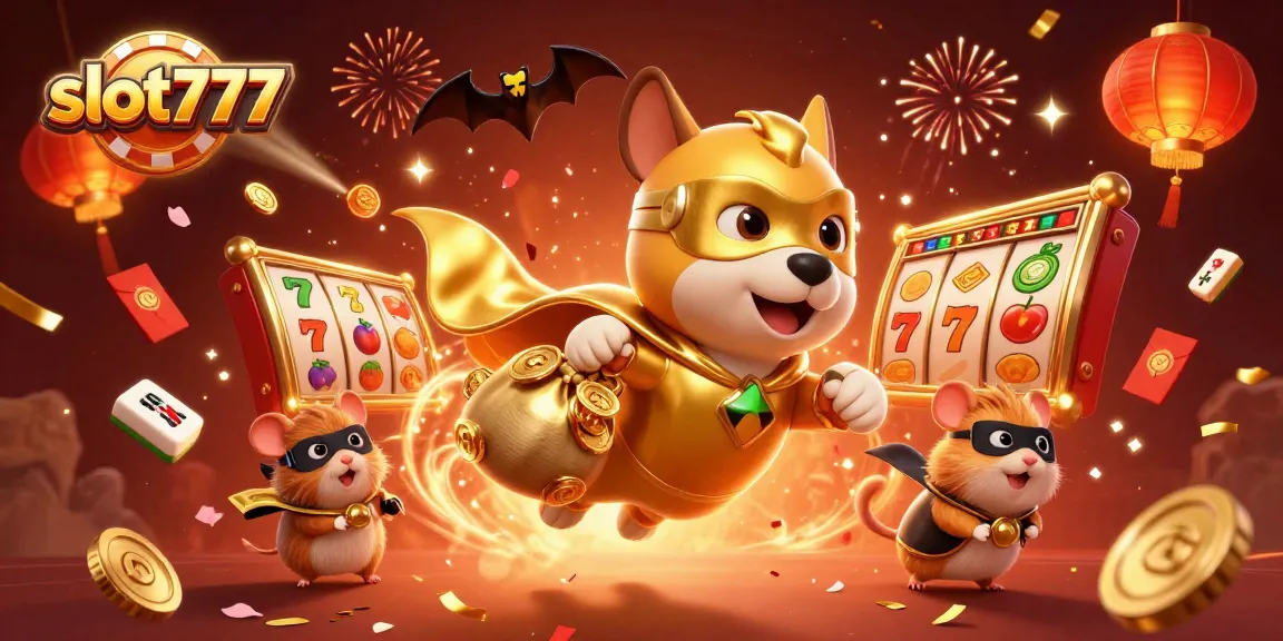 Experience thrilling slot777 adventures with cartoon superhero dog and hamster collecting jackpot coins.
