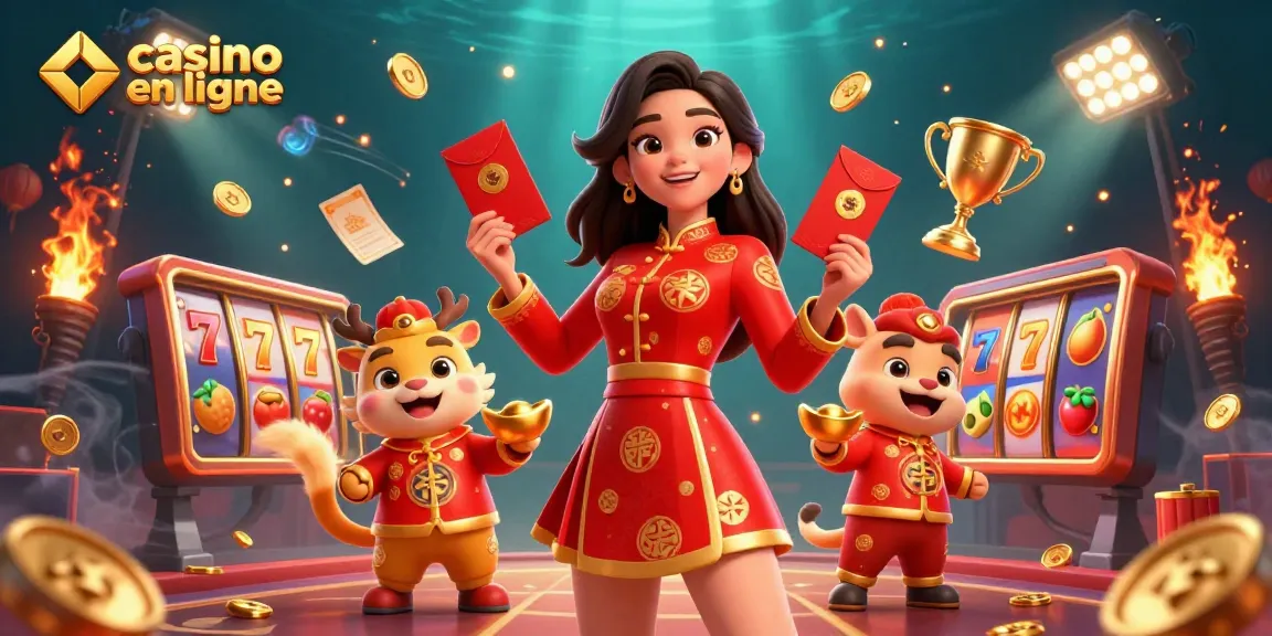 Vivez le frisson du casino en ligne avec des personnages festifs et des éléments de jeu.