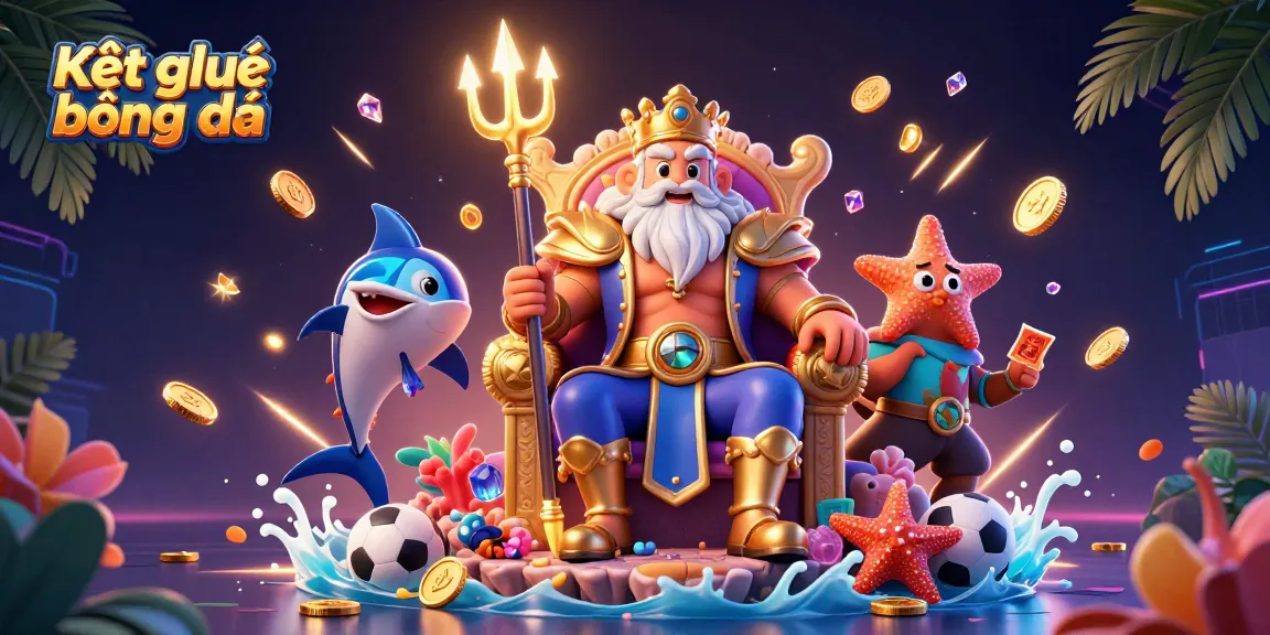 Experience Kết quả bóng đá with this vibrant scene of Neptune surrounded by sports elements and coins.