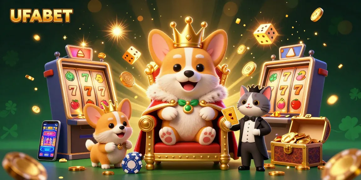 Experience thrilling gameplay at UFABET, featuring vibrant 3D illustrations of royal corgis amidst casino excitement.