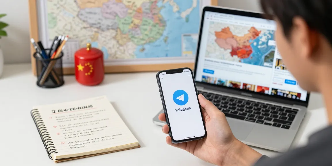 Beginner's guide to Telegram in China, featuring a user-friendly setup with resources and cultural elements.