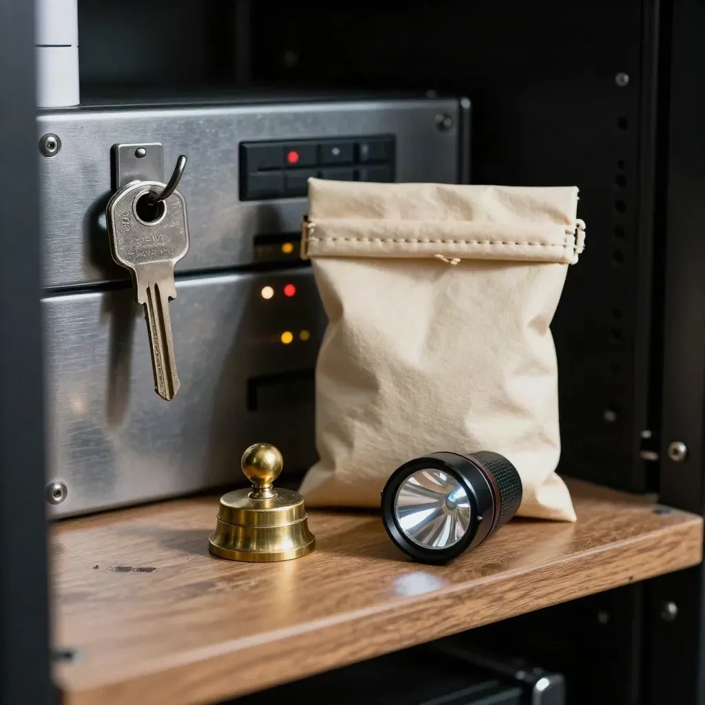 Rack key, audit seal, flashlight and sealed pouch on a walnut shelf in a dark security ops room.