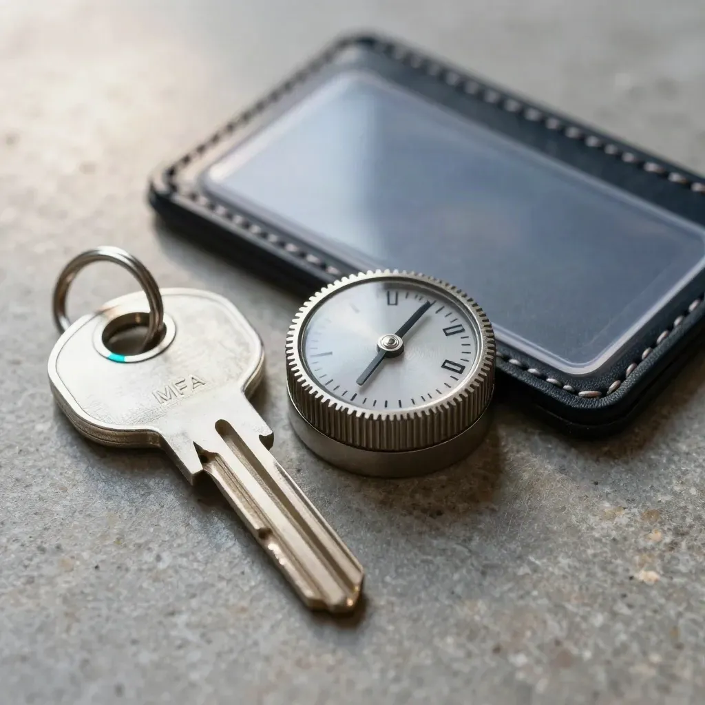Macro still life of MFA key, timer dial, and keycard sleeve on stone