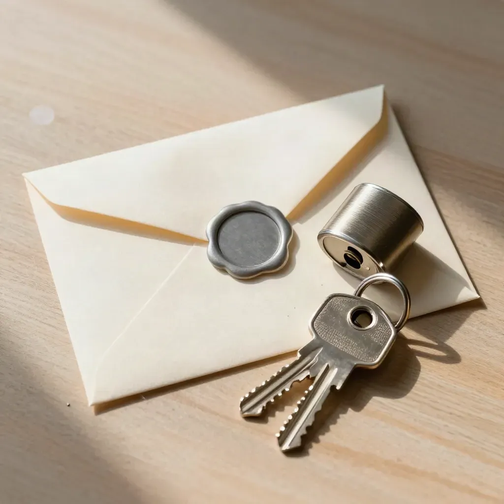 Top-down still life of a token envelope, lock cylinder and key ring on pale wood.