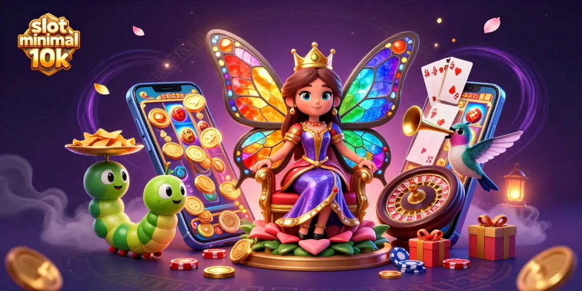 Slot minimal depo 10k dengan ratu kupu-kupu berwarna cerah yang dikelilingi elemen kasino.