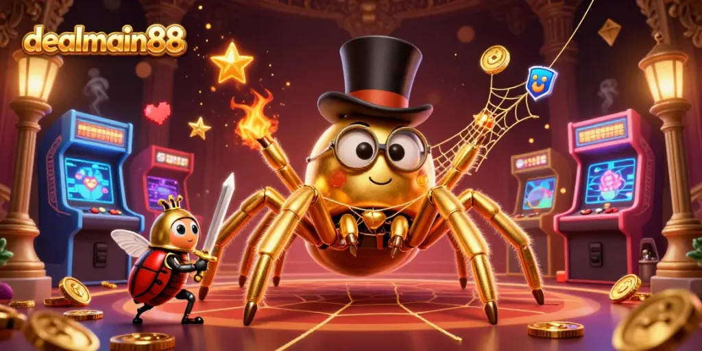 Engage with dealmain88 at the casino, where a giant golden tarantula weaves a web among game machines.