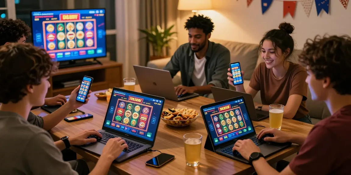 Friends enjoying a game night with 鉅城 online casino on multiple devices in a cozy living room.