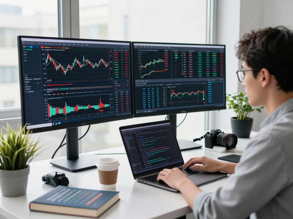 Developer analyzing HK stock backtesting API data in a modern workspace with multiple screens and coding software.