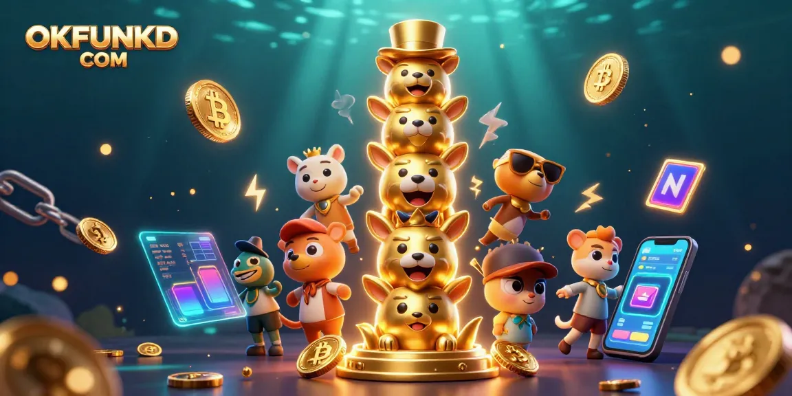 Bet big with OKFUNKD COM's thrilling casino scene featuring a vibrant totem pole and glowing crypto coins.