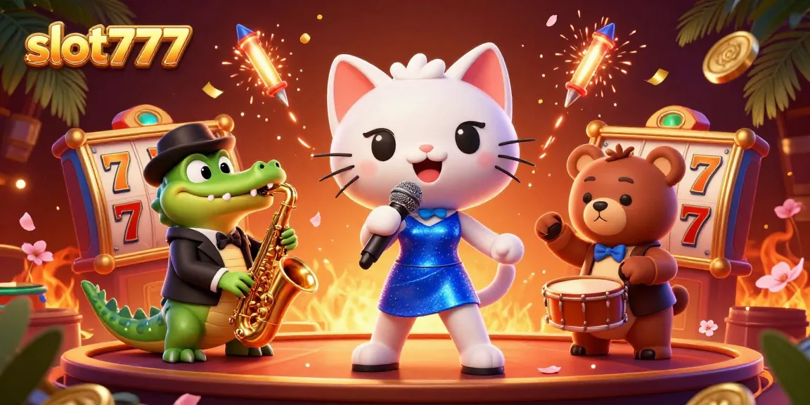 Engage with slot777 in a vibrant casino scene, showcasing a jazzy cat, croc, and bear with dynamic gaming elements.