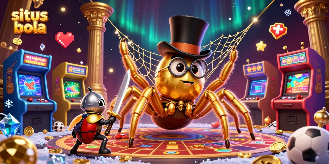 Place bets at situs bola featuring a heroic beetle knight and a golden spider amid casino excitement.