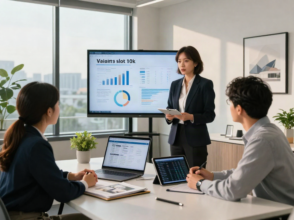 Real estate agent discusses slot 10k investment with clients in a professional office.