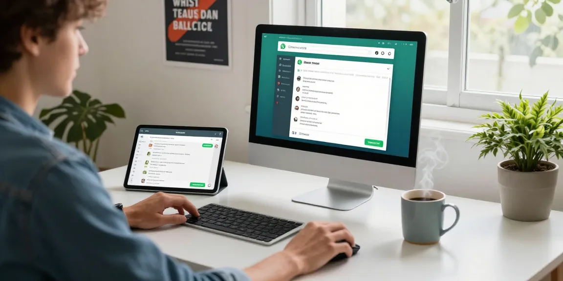 User engaging with WhatsApp網頁版 in a modern tech workspace, featuring sleek devices and natural light.