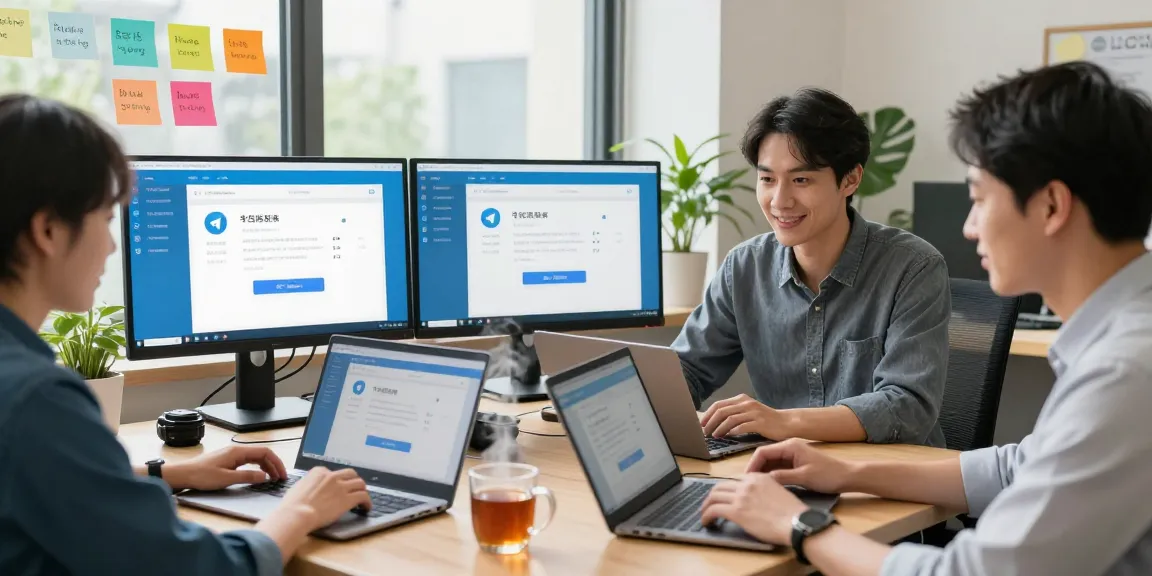 Engaging setup for a telegram china beginner guide showcasing diverse individuals collaborating on Telegram in Chinese.