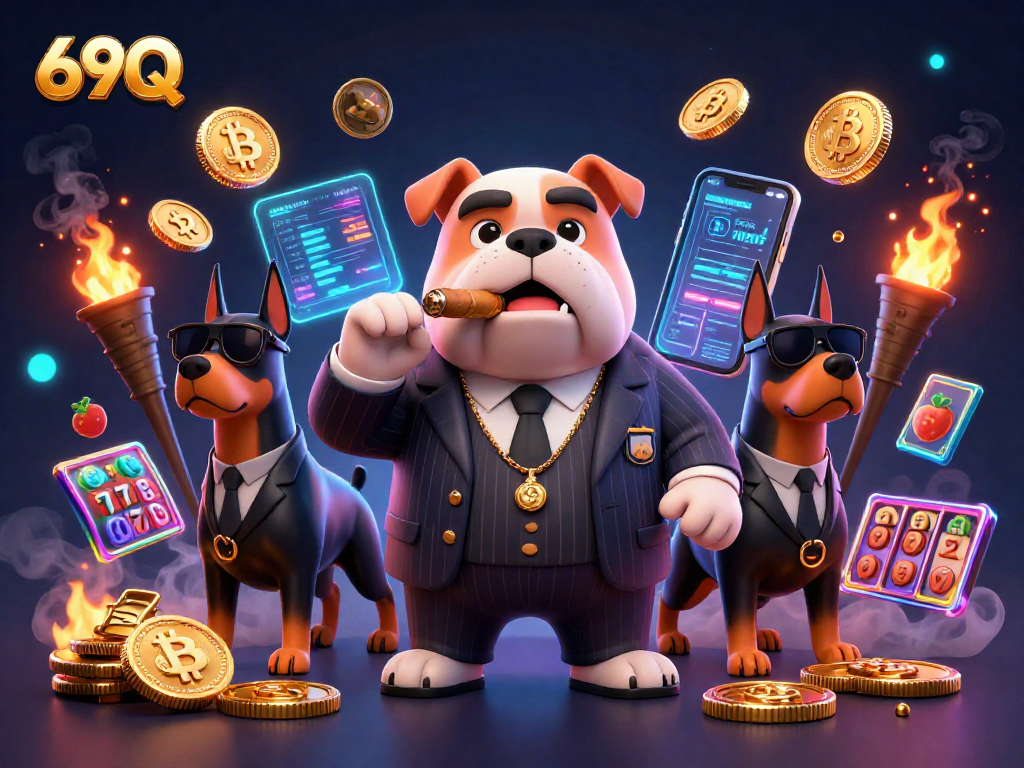 Aposte e ganhe com a ilustração vibrante do 69Q, destacando um bulldog mafioso e dois Dobermans em um cenário de cassino interativo