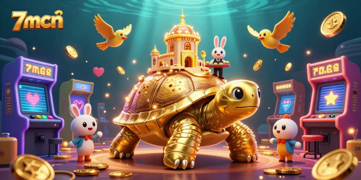 Experience thrilling gaming with 7mcn featuring a giant golden tortoise casino, rabbit dealer, and flying coins.