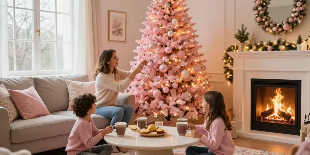 Decorating a pink xmas tree in a cozy living room setting with family.