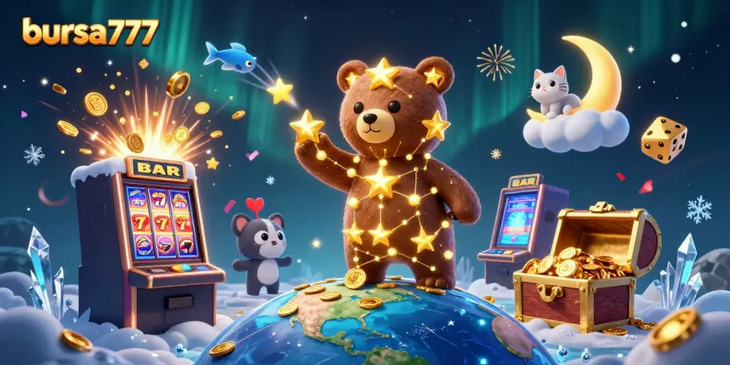 Mencoba menang di bursa777 dengan karakter beruang bintang dan mesin slot yang penuh koin keberuntungan.
