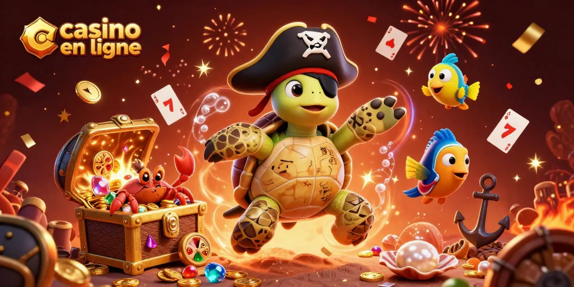 Jouez à des jeux passionnants au casino en ligne avec une tortue pirate, des trésors et des confettis