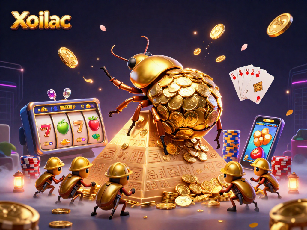 Xoilac offers thrilling gameplay featuring golden coins, slots, and dynamic beetles in action.