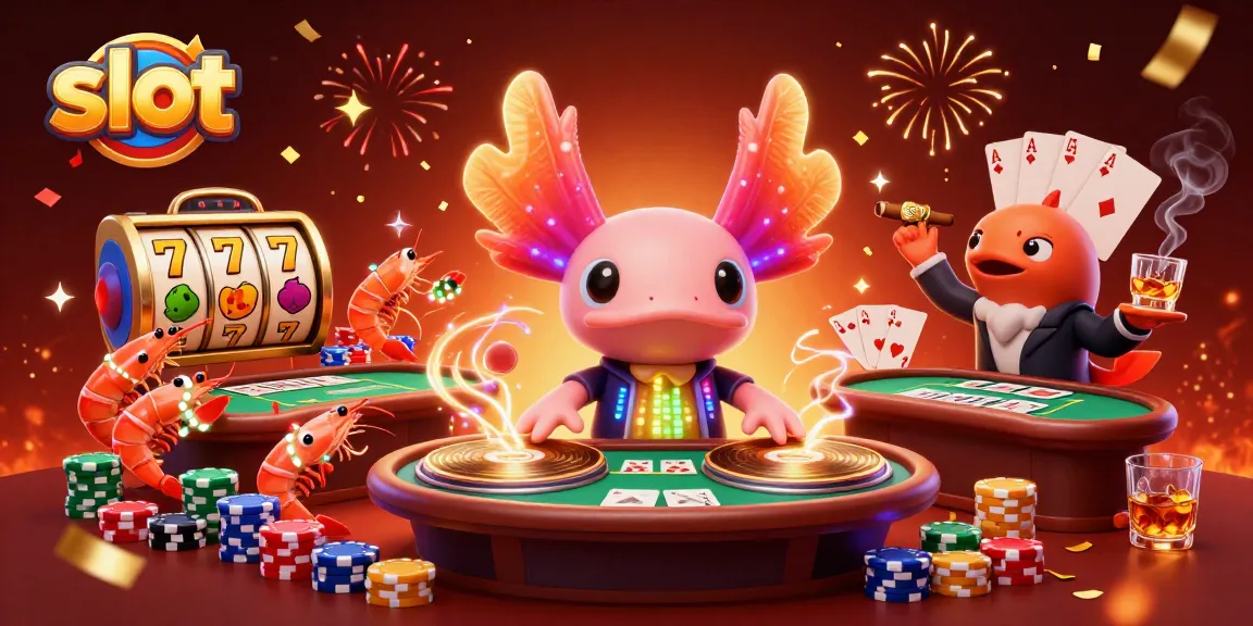 Menangkan slot dengan axolotl DJ yang energik dan simbol buah berwarna-warni di latar belakang.