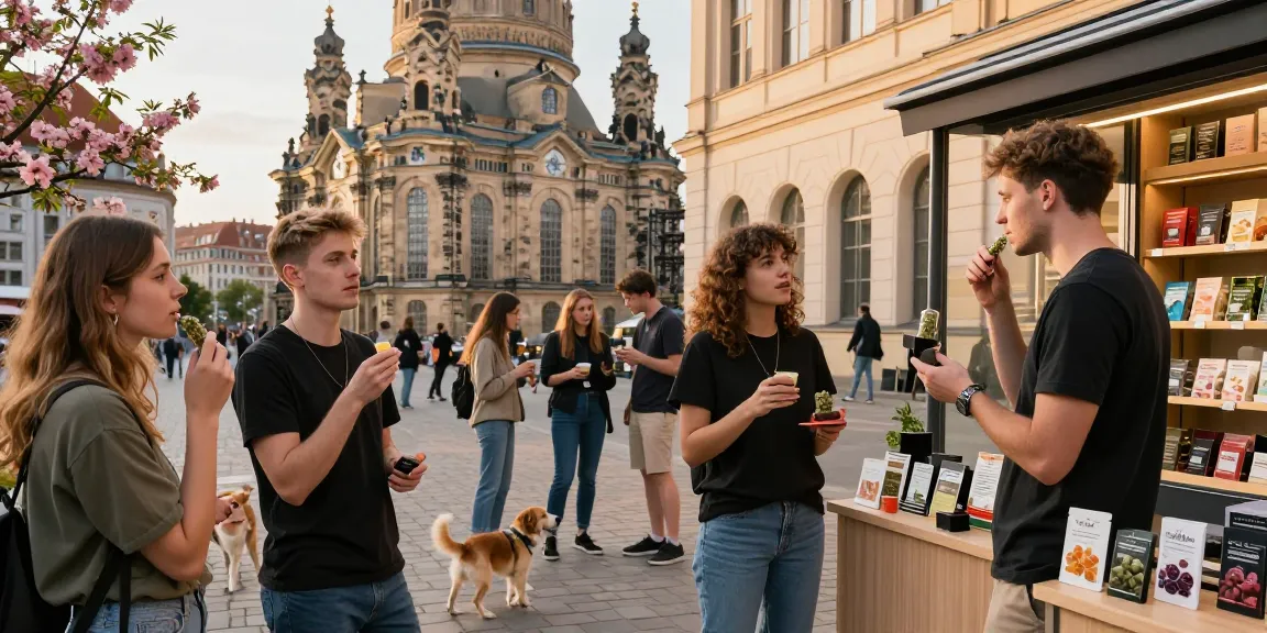Where Can I Buy Weed Legally In Dresden? Best Guide scene with adults enjoying cannabis products in Dresden's historic streets.