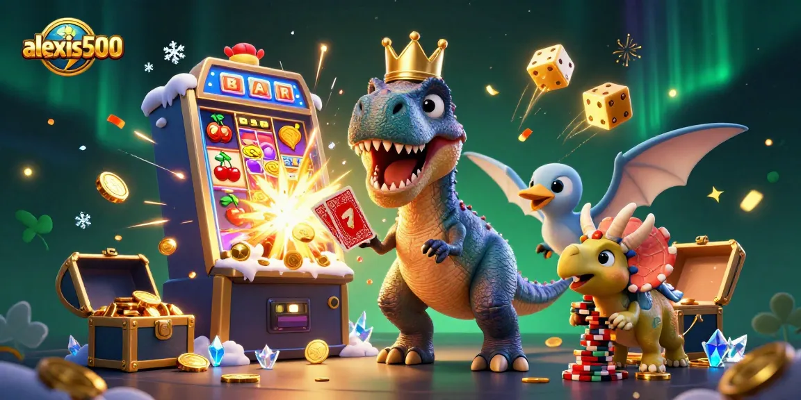 Engage with alexis500 thrilling slots as a T-Rex shuffles cards, surrounded by jackpot symbols.