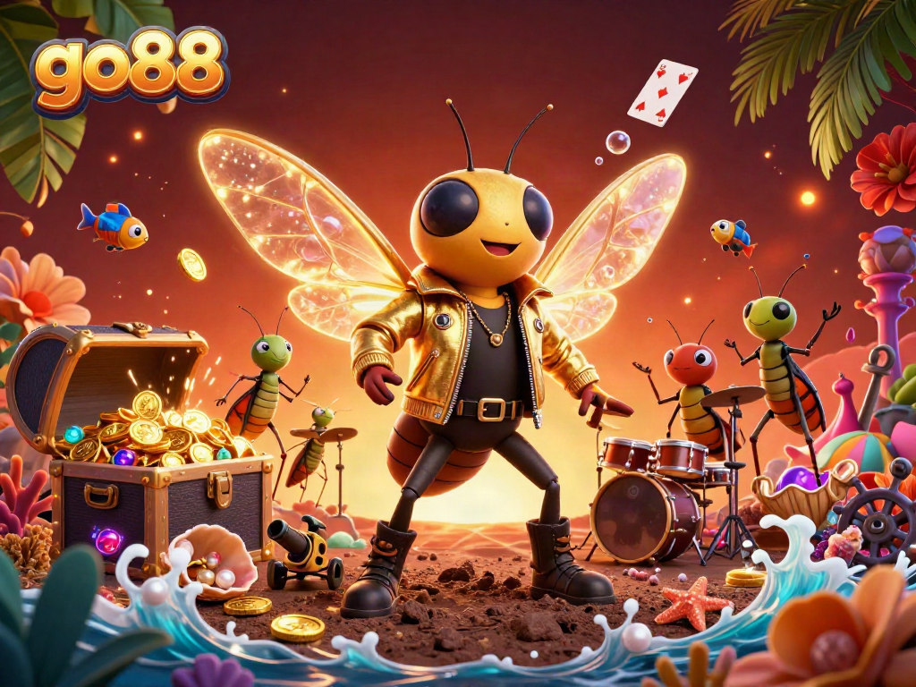 Play exciting games at go88 with our vibrant 3D illustration featuring thrilling characters and casino elements.