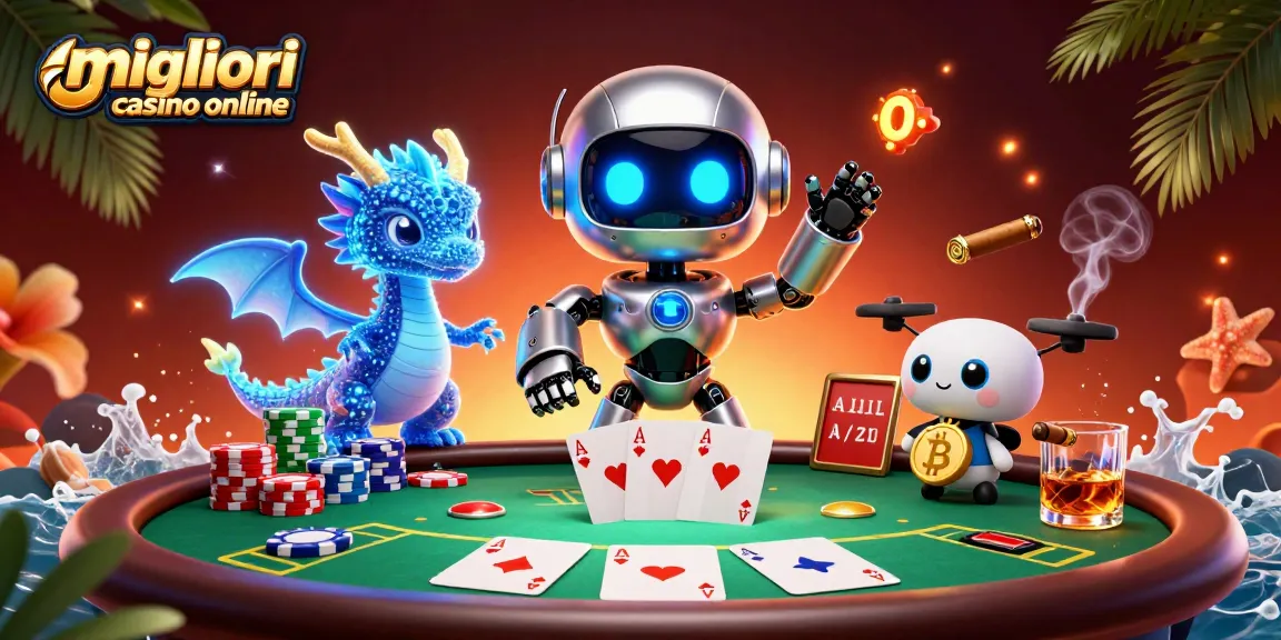 Interagisci con i migliori casino online mentre un robot cyberpunk e compagni olografici partecipano a un entusiasmante gioco di poker.
