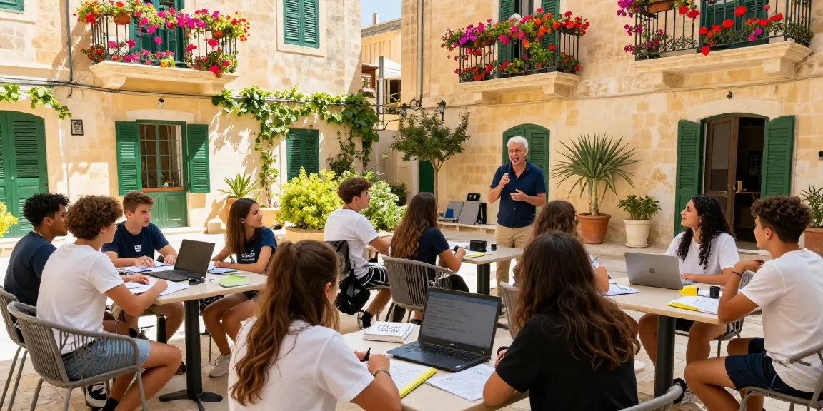 Corsi di inglese a Malta con studenti diversi che imparano in un ambiente scolastico all'aperto circondati dal fascino mediterraneo.