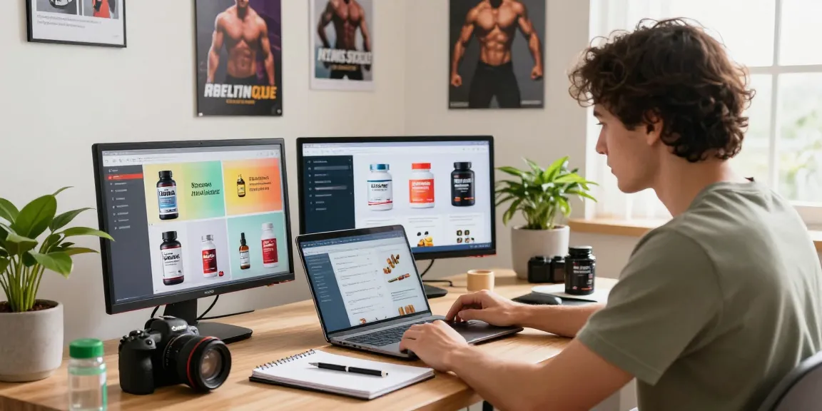 Beligas Shop products on a laptop in a modern home office with bright lighting.