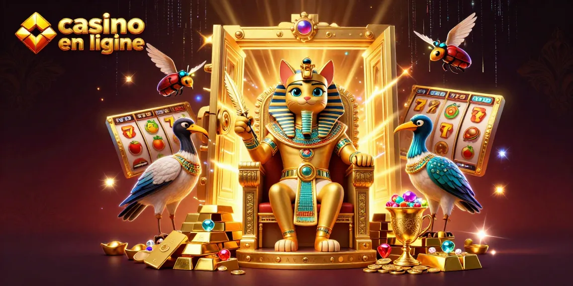 Visitez le monde captivant du casino en ligne avec cette illustration détaillée d'un pharaon égyptien et de trésors divertissants.
