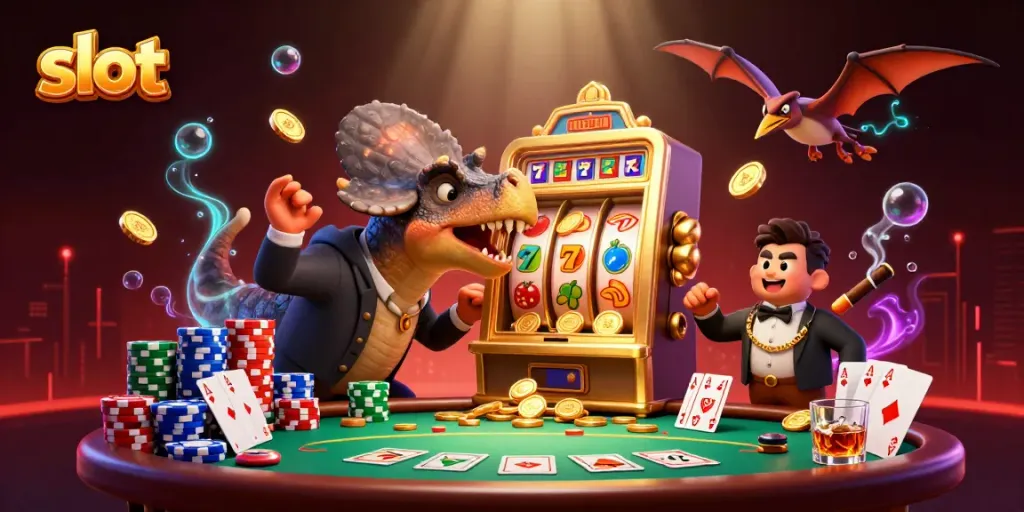 Slot menakjubkan dengan dinosaurus menyerang mesin slot, menangkap koin emas yang terbang.